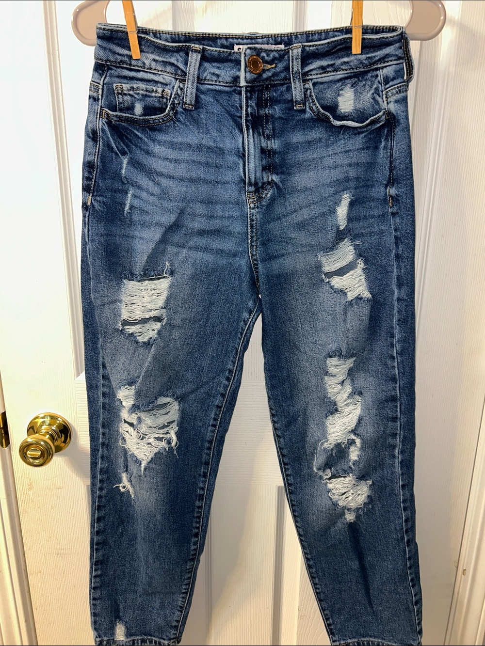 SO Women's Distressed Boyfriend Jeans in Dark Blue Wash